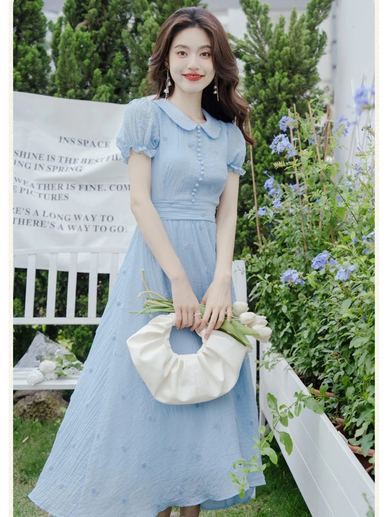 【0240】Flower Embroidery Puff Short Sleeve Dress