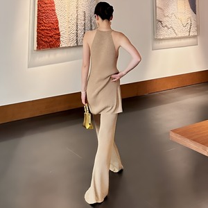 Halter neck flare pants glitter knit suit【H00028】