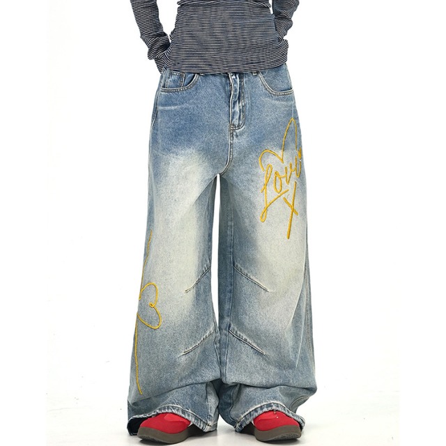 yellow heart lettering denim　イエローハートレタリングデニム　J1380
