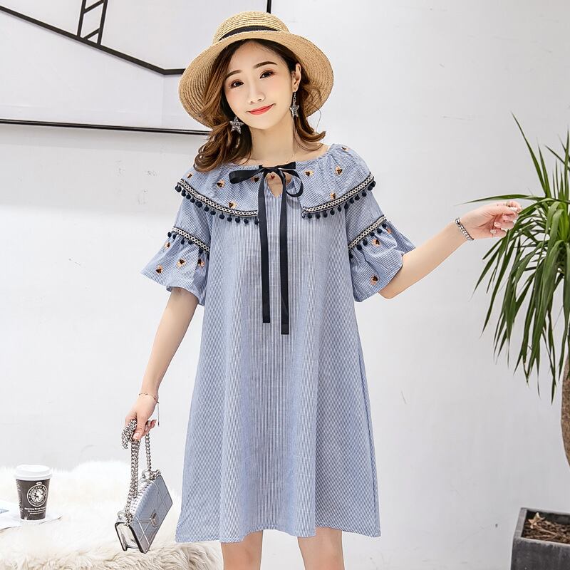 【新作】【送料無料】 マタニティウェア2019夏の新しい半袖ドレスミドル丈ストライプ刺繍ファッションルーズマタニティドレス-アリババ レッド サマー 夏物 expec242690115175