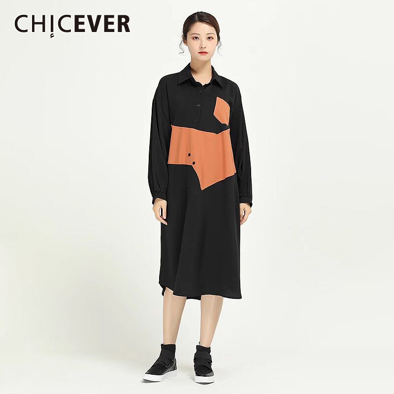 CHICEVERヒットカラードレスラペルカラーランタン長袖ウエストルーズドレスレディース2020 ロング 6base525003835251