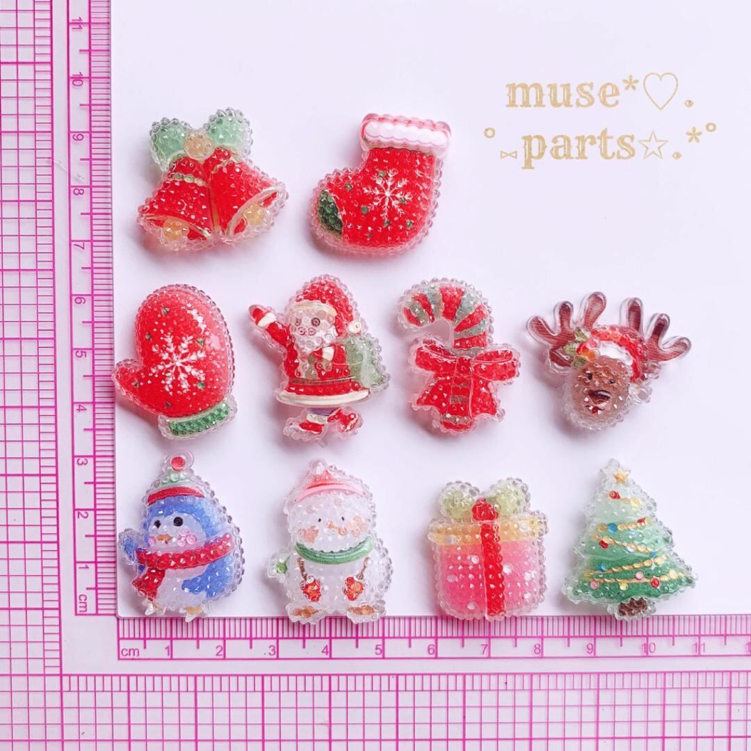 4個ペンギン/ステッキ/クリスマスツリー/ベル/手袋/サンタクロース