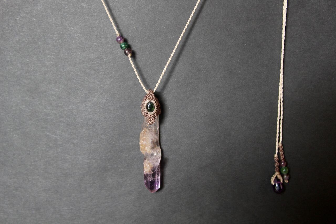 Amethyst point & Chrome Tourmaline  micro macrame pendant