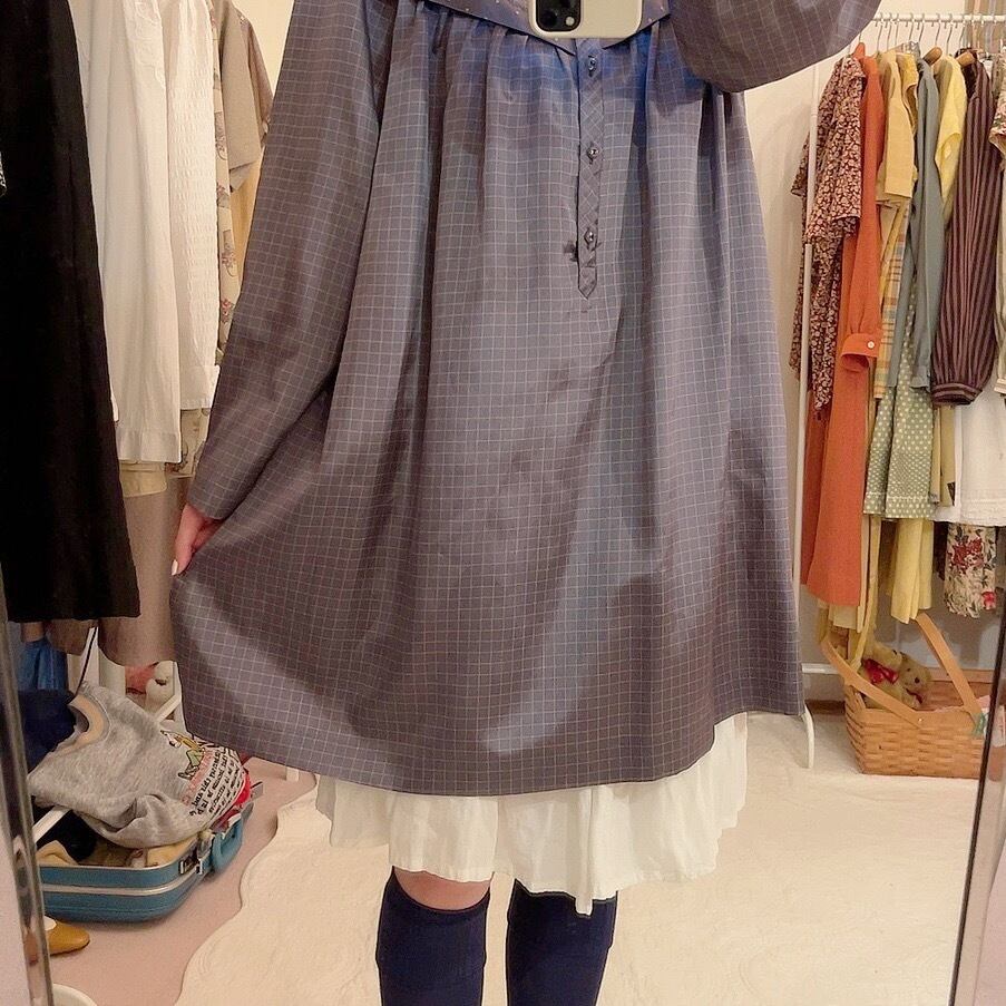 blue gray check long blouse