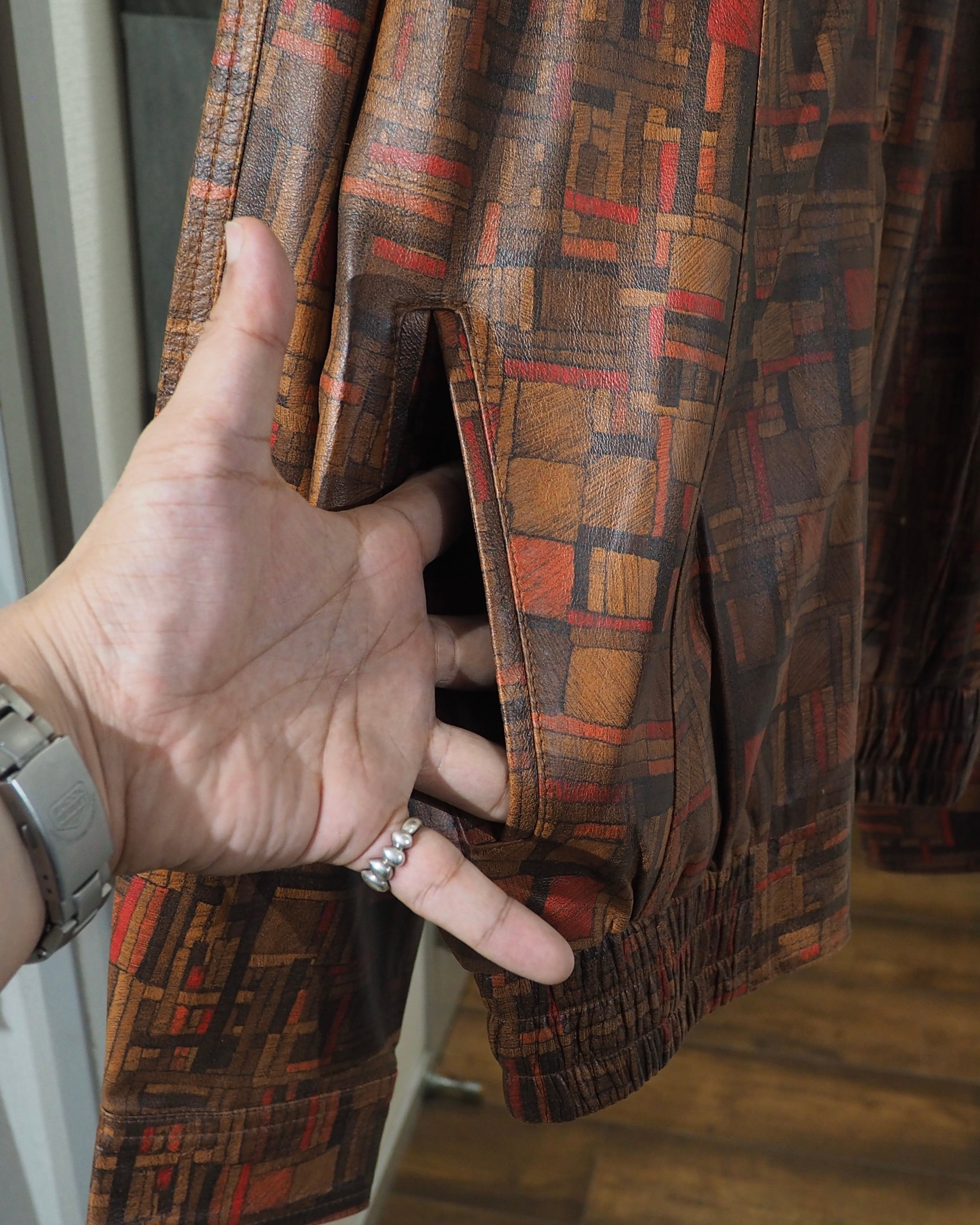 1990s Beautiful Abstract Square Pattern Vintage Loose Sheep Leather Jacket