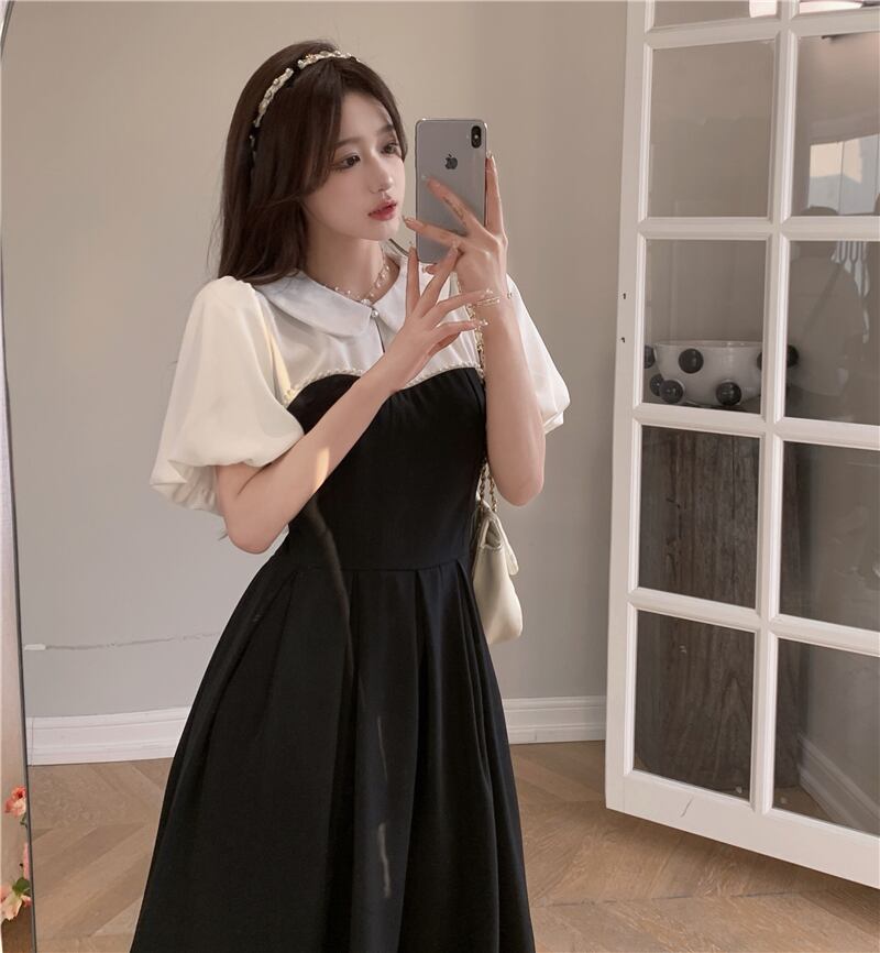 モノトーンワンピース ワンピ フェイクレイヤード パフスリーブ Aライン ハイウエスト 大人可愛い 韓国ファッション S Xl Luluca 韓国 トレンドファッションluluca ルルカ