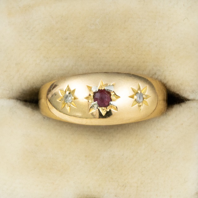 イギリス アンティーク ジプシー 彫り留 リング K18 ルビー ダイヤ 1904 チェスター DR00701