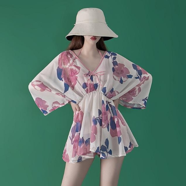 ロリータファッション通販 SEASONZ 水着 3点セット ビーチカバー 花柄 ベゴニア セパレート 体型カバー 大人かわいい 甘め ロマンティック ろりーた 服