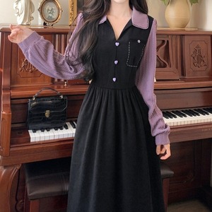 【M-4XL】パープル切替ワンピース