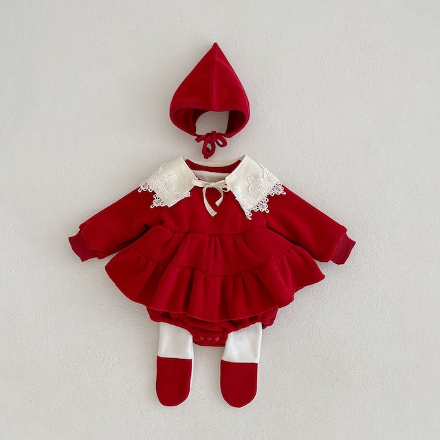 【クリスマス】ベビー　クリスマス　ロンパース&ボンネット&スタイ