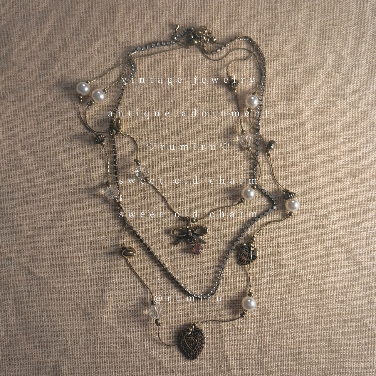 ハンドメイド ノスタルジックリボン 煌めく ビーズ クラシック 三連 ネックレス - 3