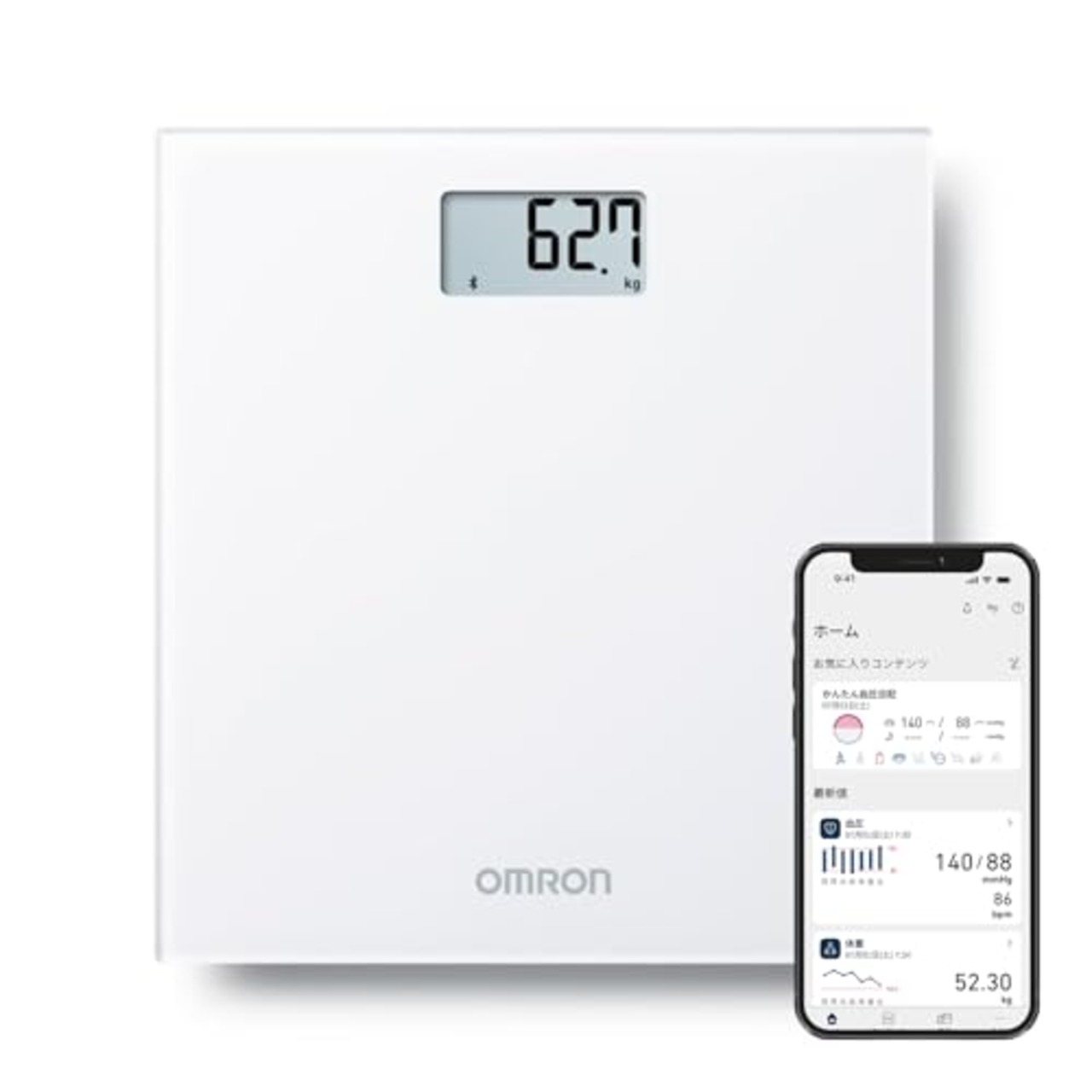 オムロン 体重計 ホワイト HN-300T2-JTW スマホ連動 データ自動転送 自動認識 乗るだけで測定開始 シンプルでおしゃれなデザイン