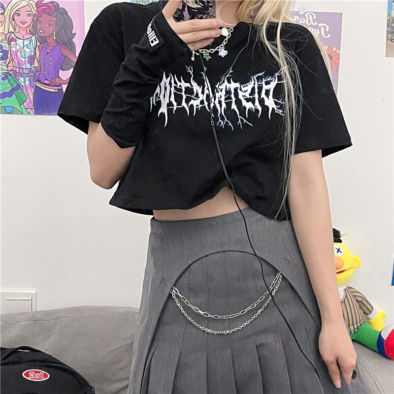 ダークサマーカジュアルショートTシャツ ルーズスタイルクロップトップ トップス ストリート 夏物 ケッペル24191476271