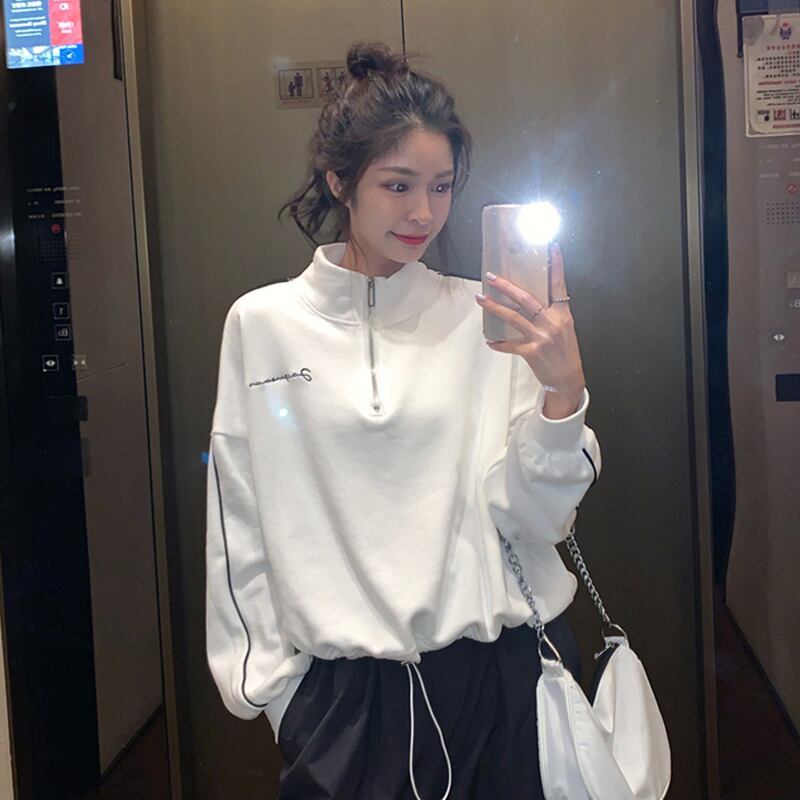 ホワイトセーター レディーススプリングスタイルルーズギャザーショートトップス ストリート 春物 スーパーモール70964692285