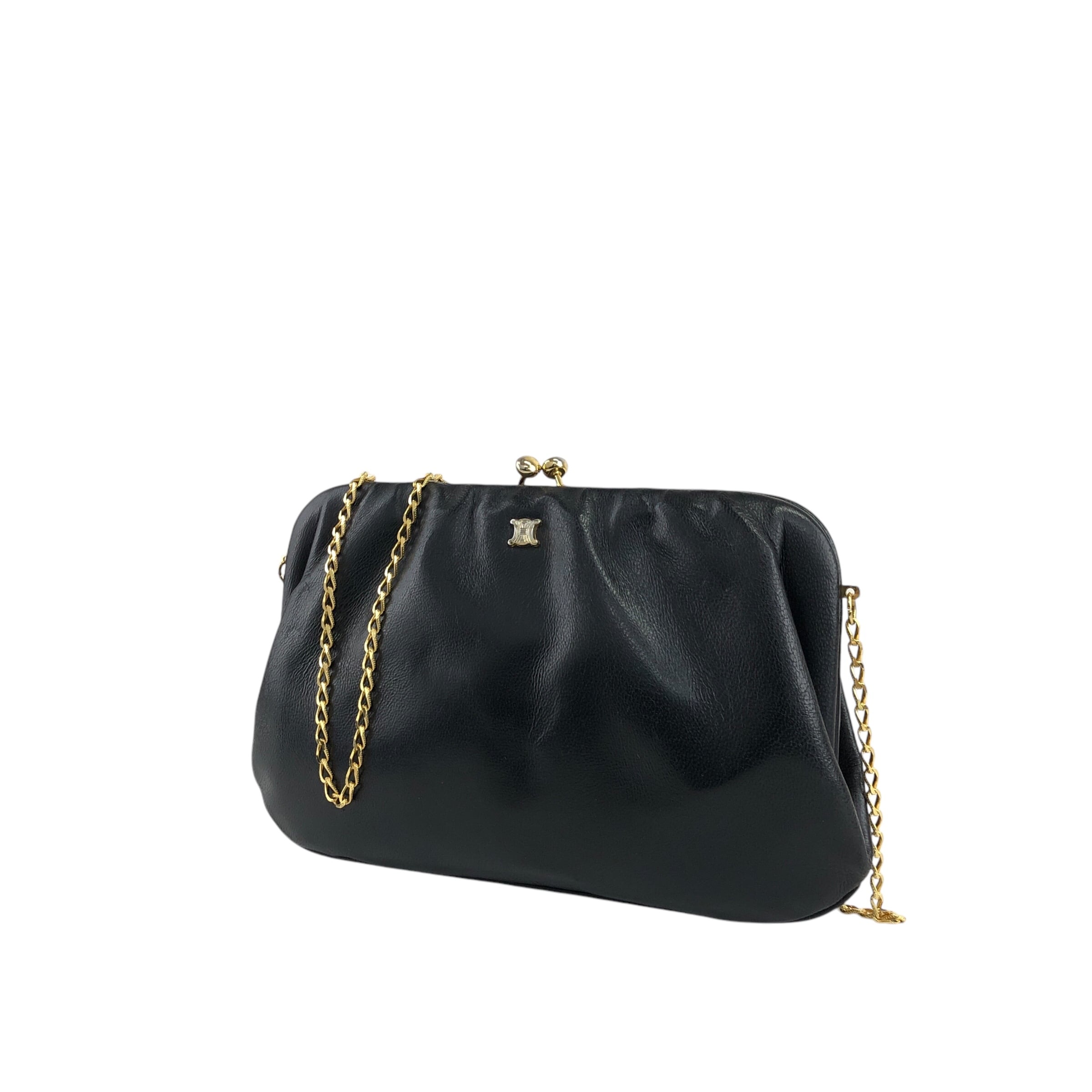 希少】CELINE オールドレザーがま口チェーンショルダーバッグブラック