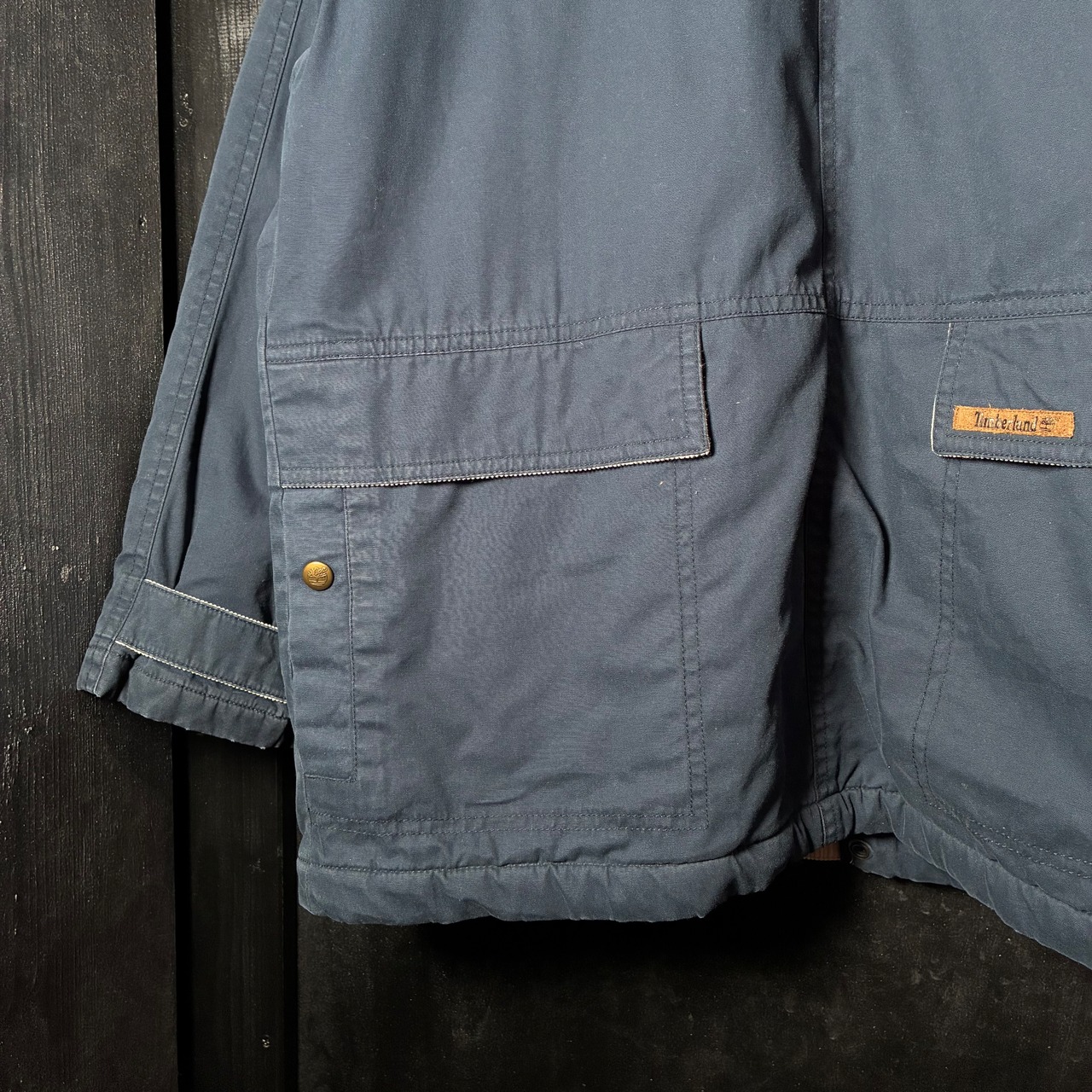 90s Timberland / コットン マルチポケットジャケット ネイビー / フード着脱可 / 中綿入り 防寒 アウトドア