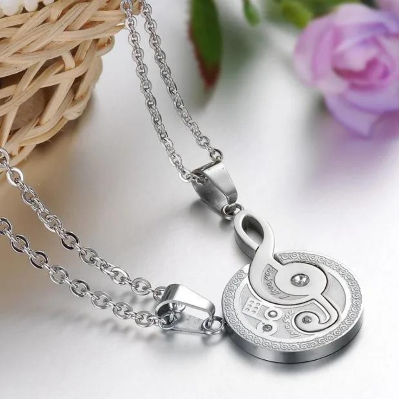 ステンレス鋼 カップル ペア 音符 ペンダント チェーン シルバー ネックレス【0216】