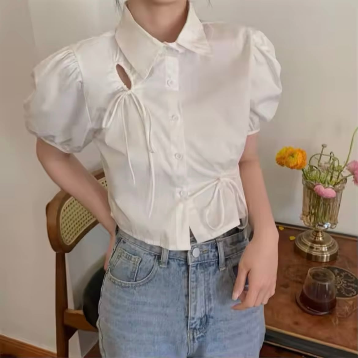 リボンデザインパフスリーブシャツ