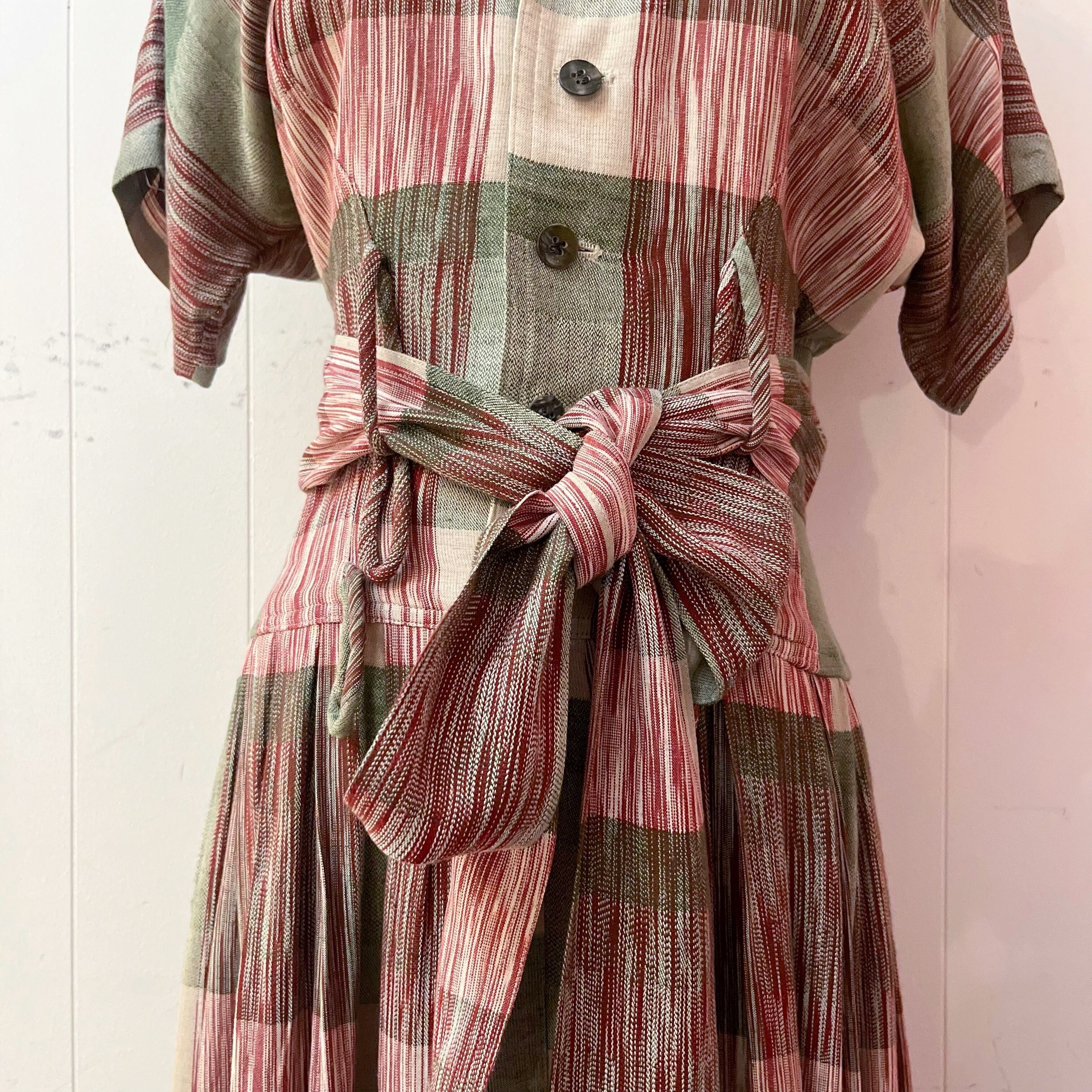 green check open collar one-piece
