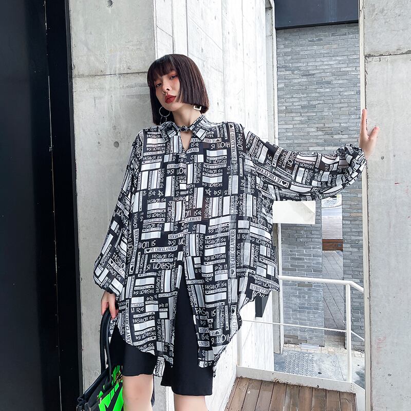 シャツ プリントスプリングトップス シフォン ロング 春物 ラブタオタオダレンハウス3976912594