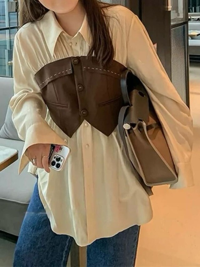 メリハリシルエットで着るだけ細見え 配色ビスチェ付きブラウス 大人可愛い お洒落 長袖 重ね着風 カジュアル きれいめ バイカラー 細見え 体型カバー 大きいサイズ 韓国 CH11522