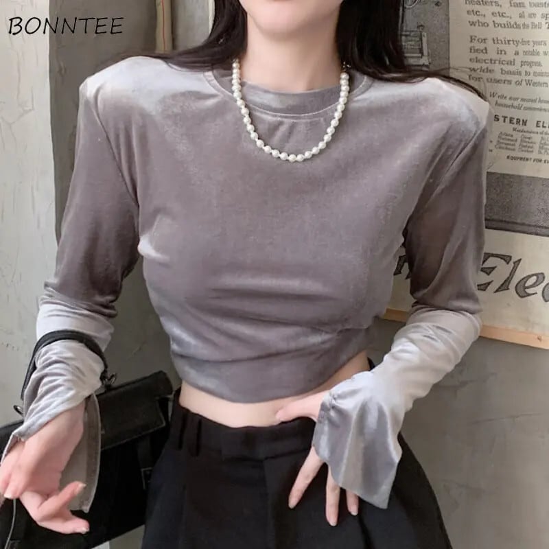 【新作】【送料無料】 クロップド Tシャツ女性スリムセクシーなシンプルな滑らかな居心地の良いオフィスレディースエレガントな長袖新秋冬優しいトップス内側シック 024770671948