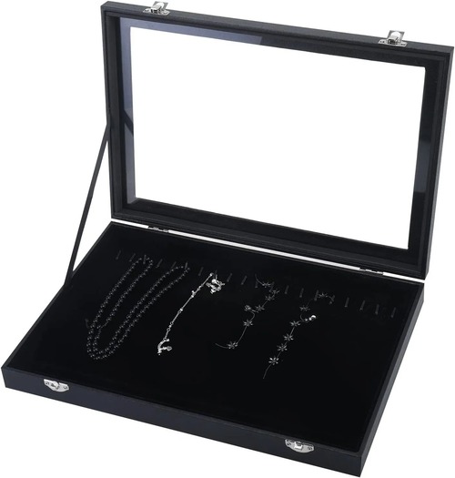 リングボックス　ネックレスボックス　リング収納　ネックレス収納　リング　指輪　ネックレス　ジュエリー　宝石　ボックス　オープンボックス　蓋付き　ガラス　ロック付き　大容量　コンパクト　積み重ね可能　黒革　高級感　２種類