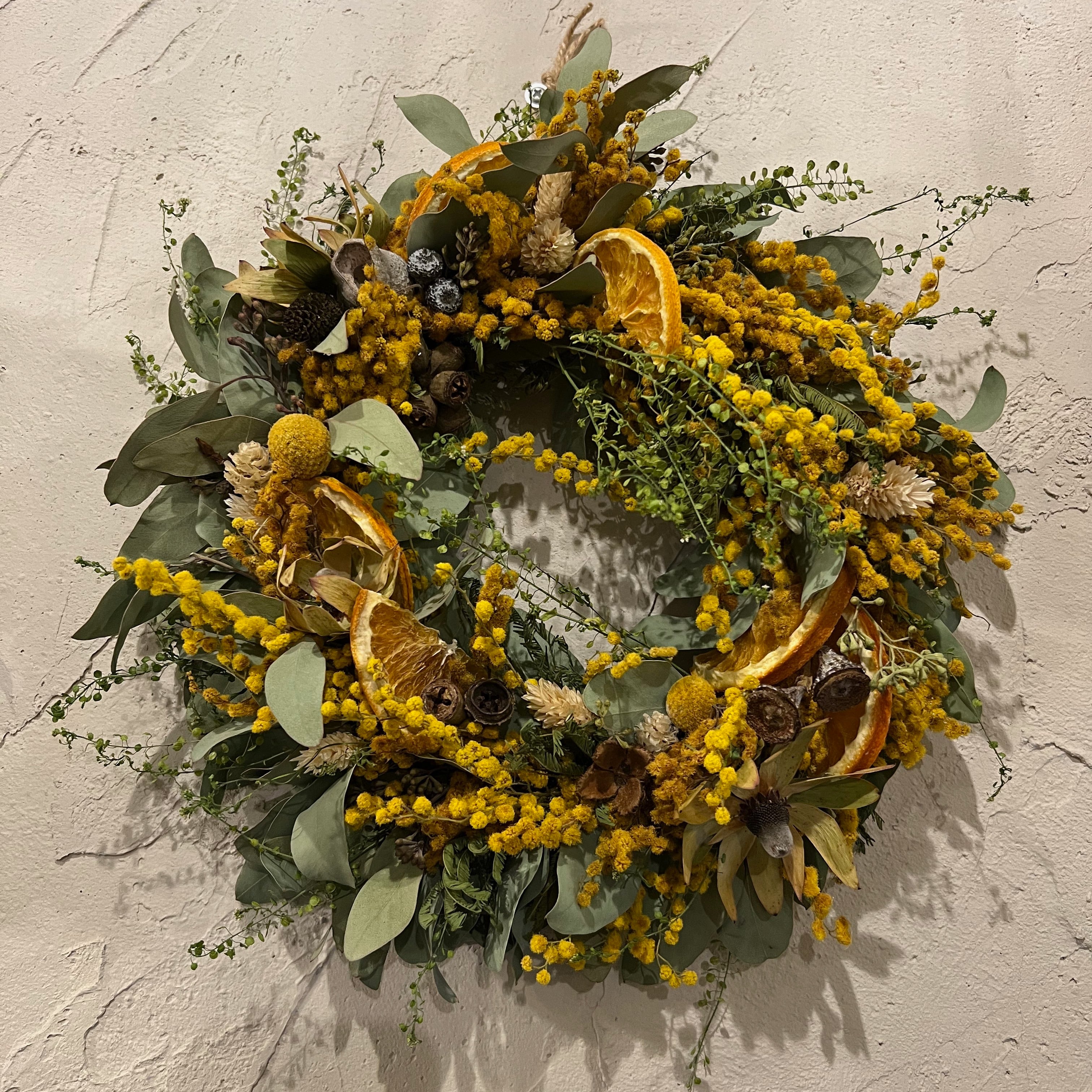 Dried flower mimosa wreath ドライフラワーリース ミモザ×ユーカリ×オレンジスライスの黄色いリース  壁飾りドアリース/2022002 | number12 powered by BASE