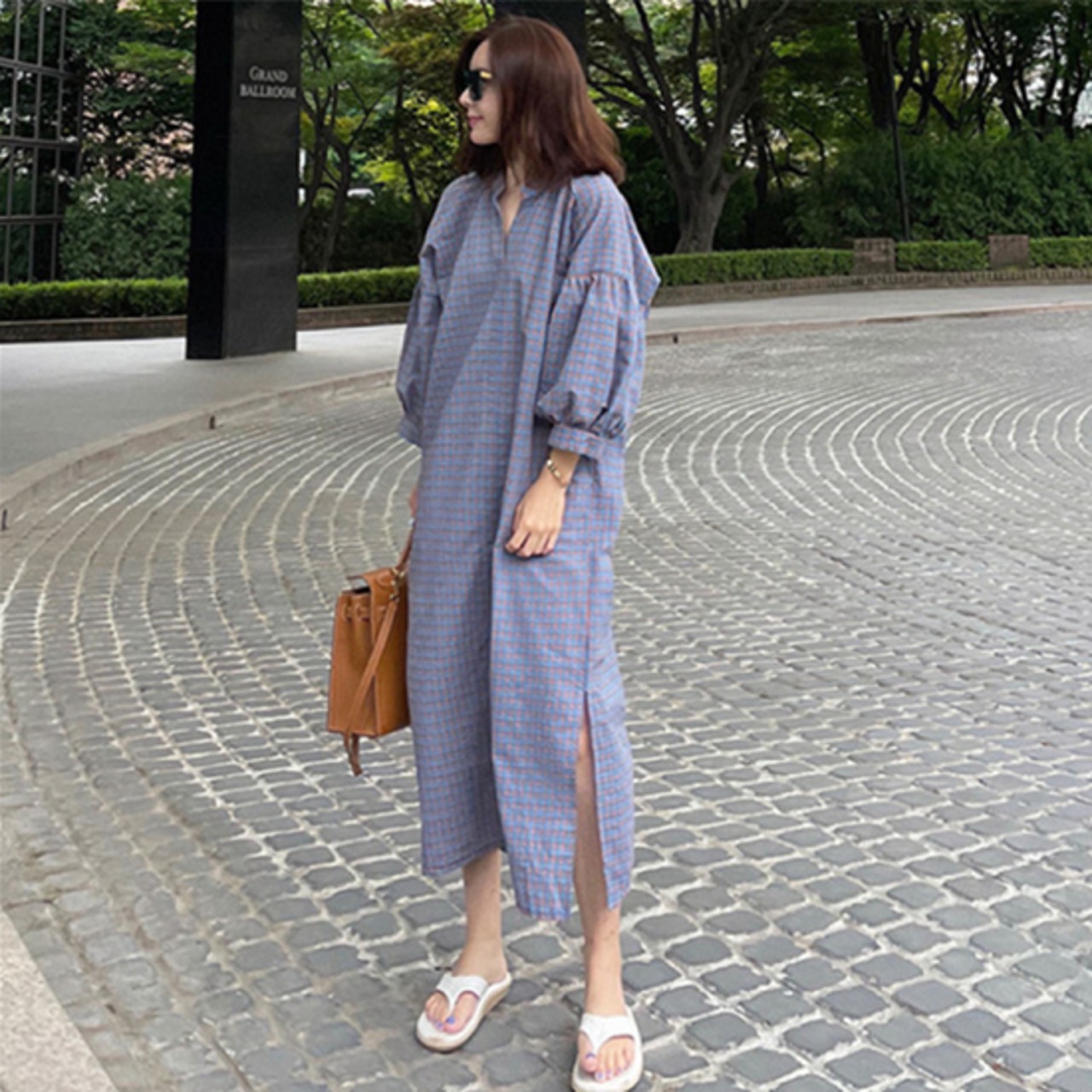 シャツワンピース 夏 ロング丈 チェック柄 ワンピース ゆったり 体型