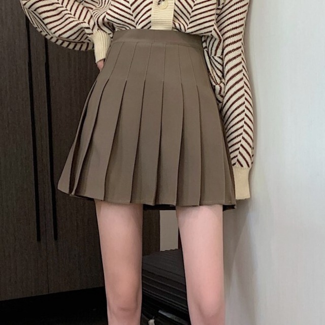ブラウン 秋冬 ハイウエスト Aライン プリーツスカート
