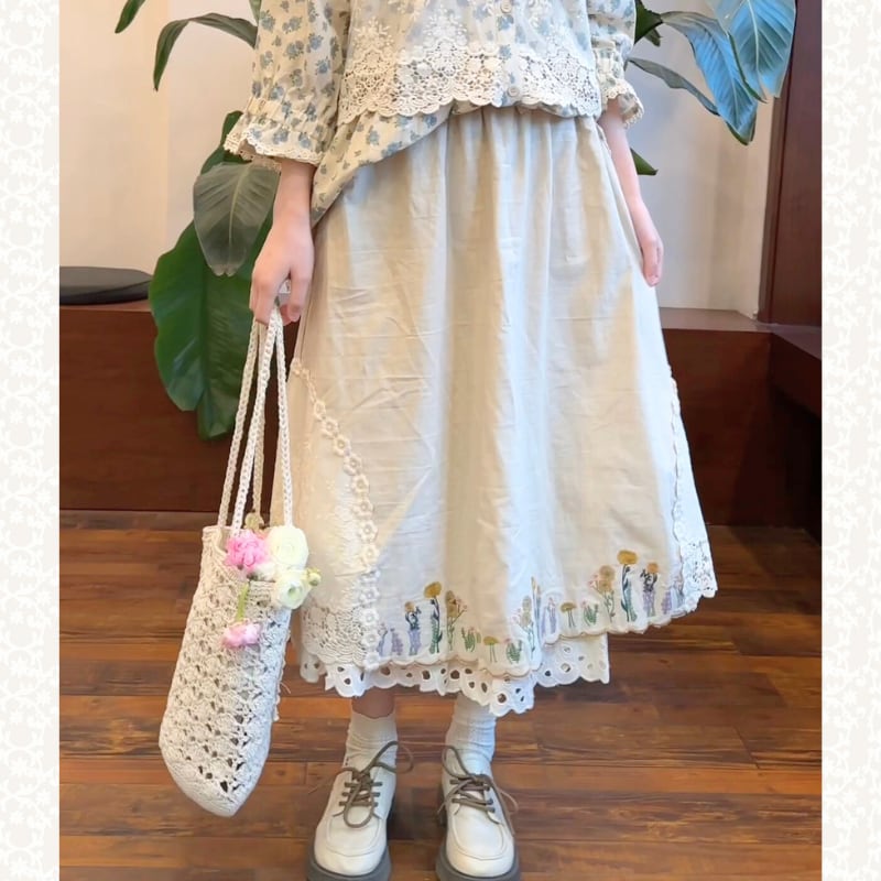 森ガール立体花刺繍二層レーススカート W0302
