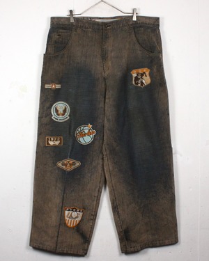 【Caka act2】Multi Patch Design Vintage Flocky Baggy Denim Pants