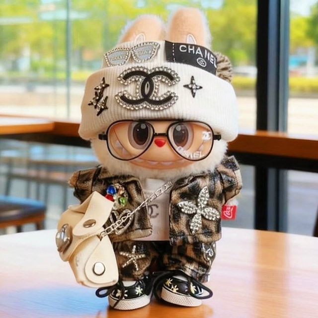 プレミアム光沢豹紋で仕立てた 極上8点セット！高級感たっぷり クールでゴージャス♡ Labubu ラブブ 15-17cm用 ゴージャス フルコーデ オーダーメイド the monsters1.0 2.0 3.0用