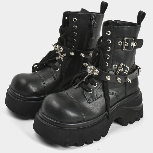 ◆【Ladies】サイドジップレースアップスタッズストラップバックルブーツ(ruf_02570)