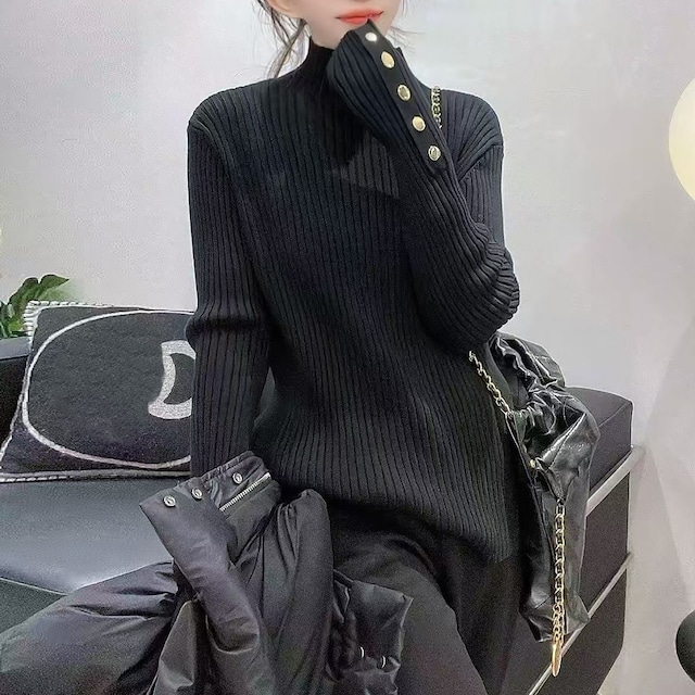 SOLID HIGH NECK SLIM PULLOVER RIB KNIT 3colors M-15336