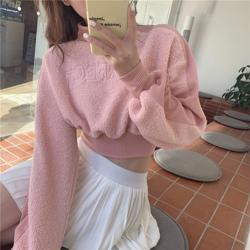 ウールセーター ジャケット レディースウィンターベルベットルーズショートトップス ピンク 冬物 ブラックストロベリース59206939247