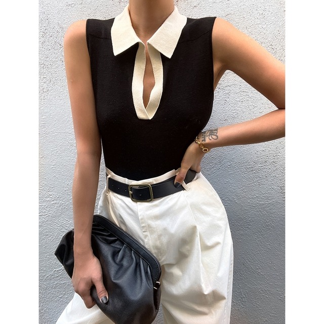 Two-Tone Sleeveless Key-Neck Knit 125559