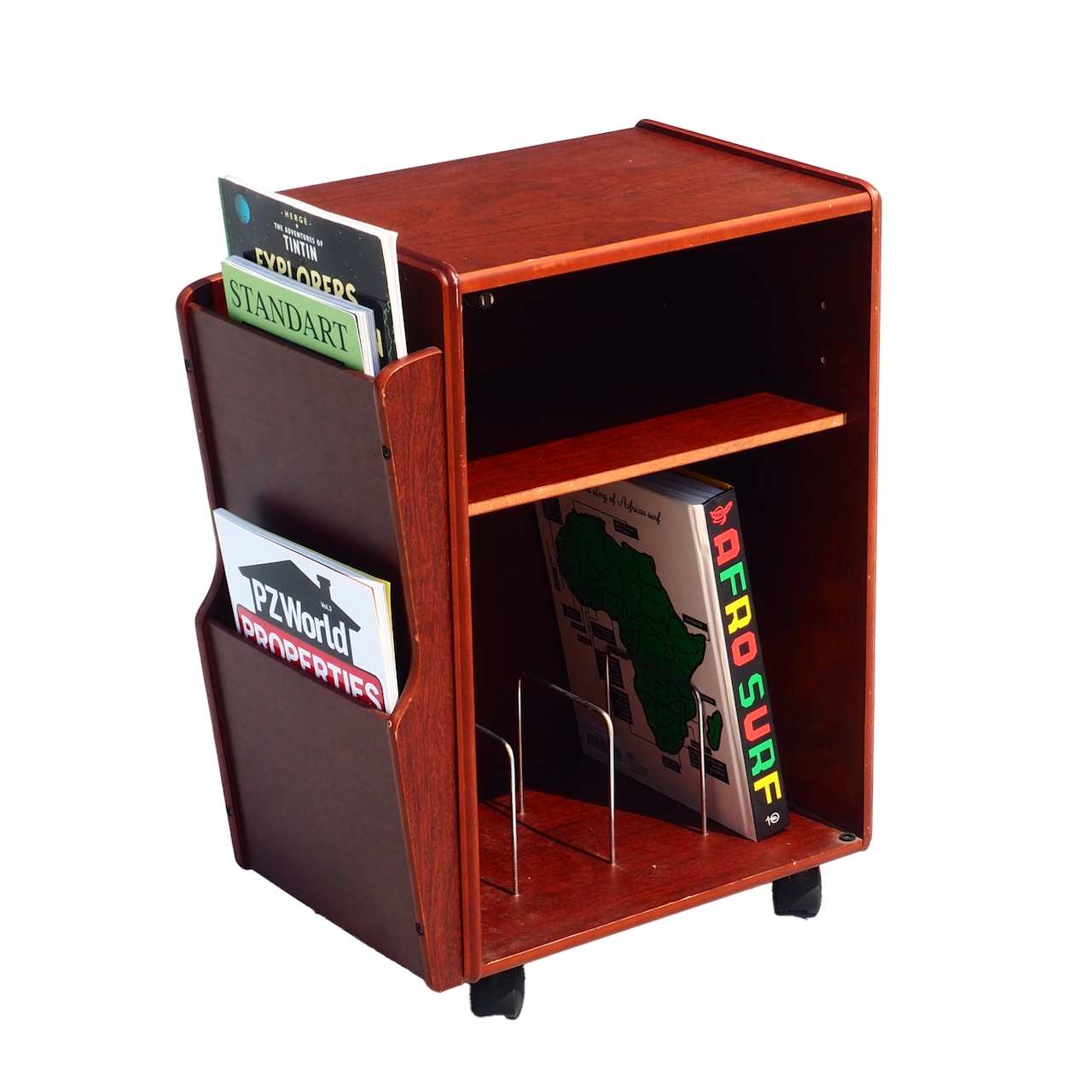 Wooden magazine rack with casters made in taiwan