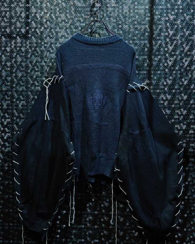 【ÆIEM】“再倖築” vintage Docking Expanded Knit Poncho Structure – Deep Navy Edition
