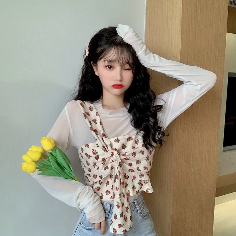 スプリングショートフローラルブラウス 春物 花柄 試着室14133518019