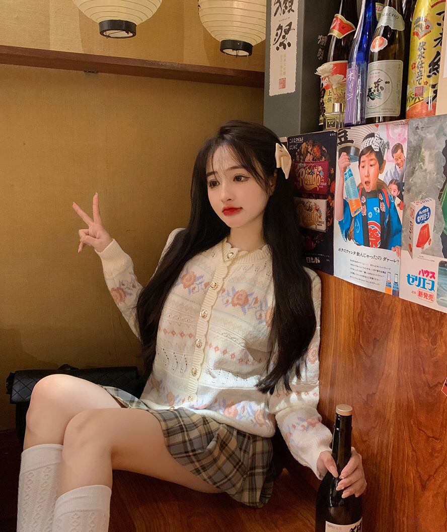 ニットセーター レディースジャカードスタンダードスタイルカーディガンコート オータムトップス レトロ 秋物 ブラックストロベリース99399256687