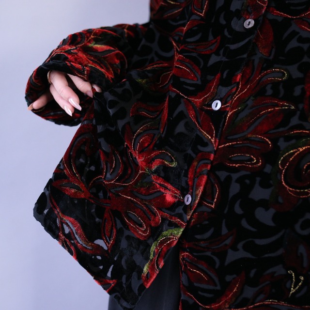 full art pattern over silhouette velours sheer shirt