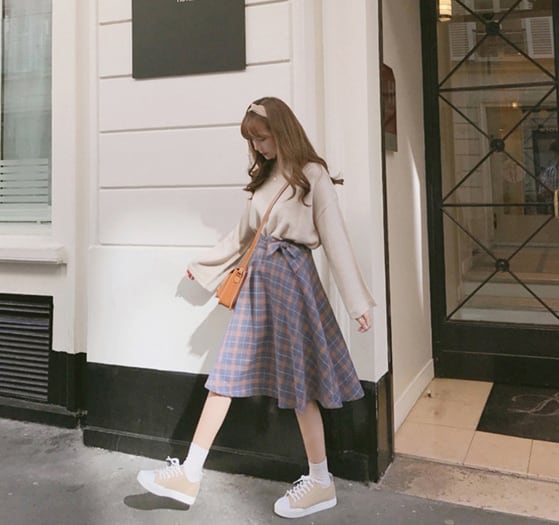 韓国ファッション レディース ロングスカート チェック柄 オルチャン