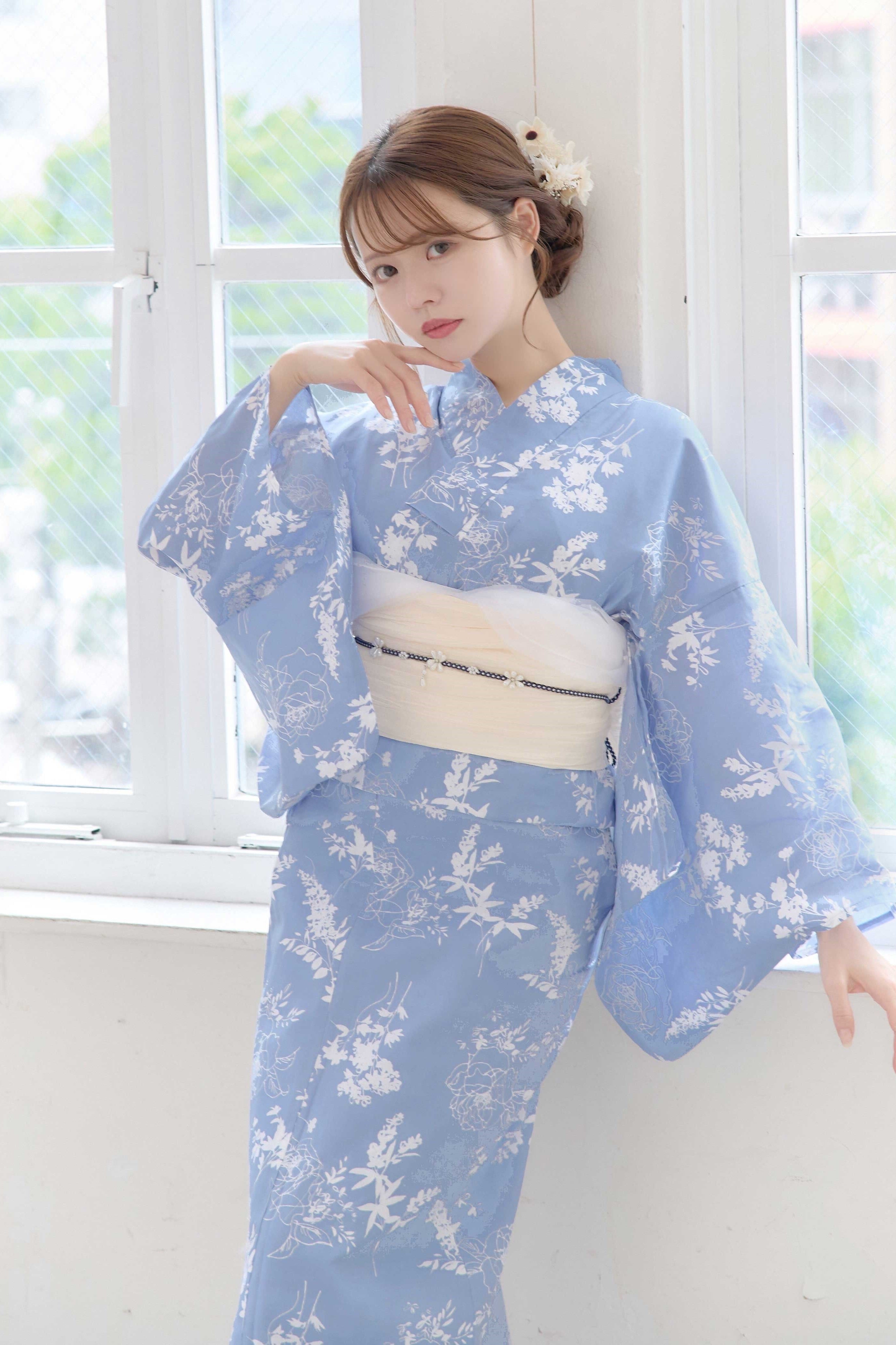 浴衣4点set夏水色のフラワーアートY4-14 | ANDESIR【アンデジール