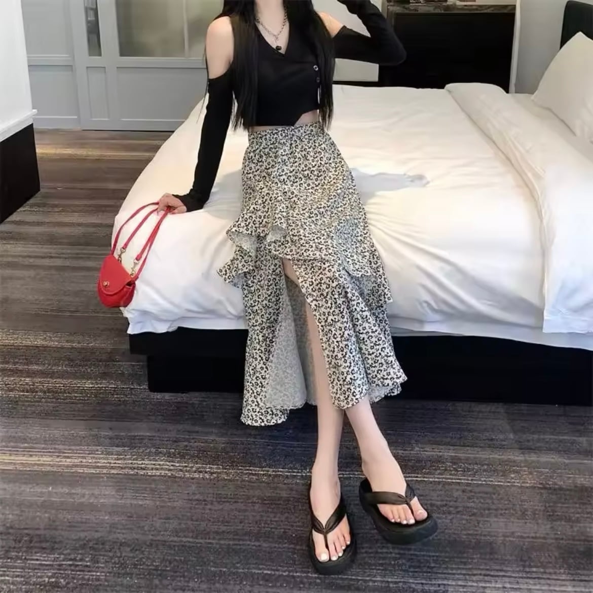 フリルフラワースリットスカート