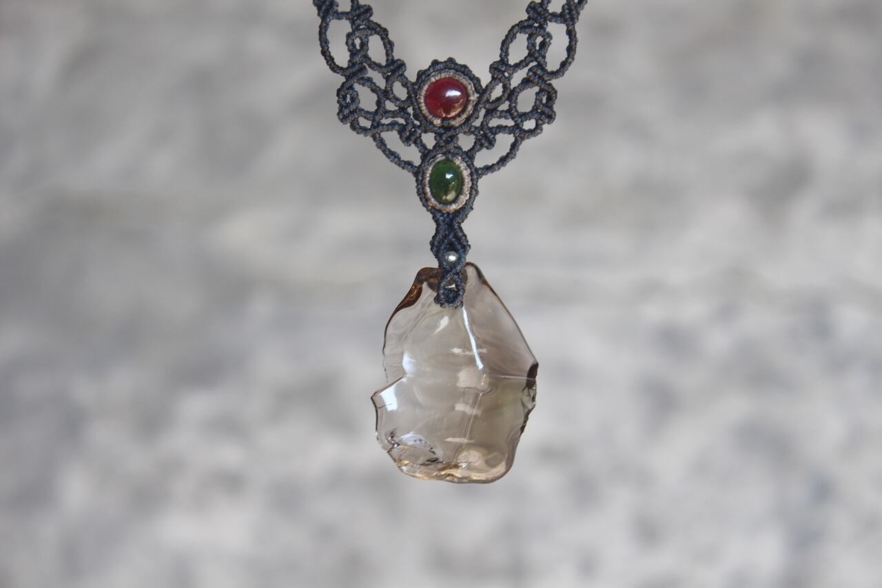 Healing Smoky quartz & Rhodolite Garnet & Peridot  micro macrame necklace