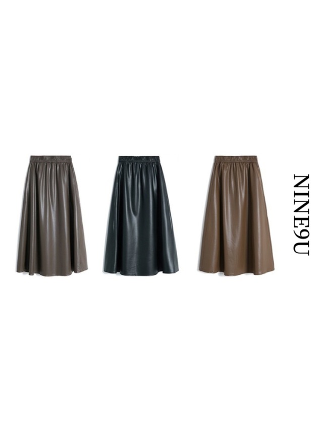 leather handsome plain long-skirt 3color【NINE6856】