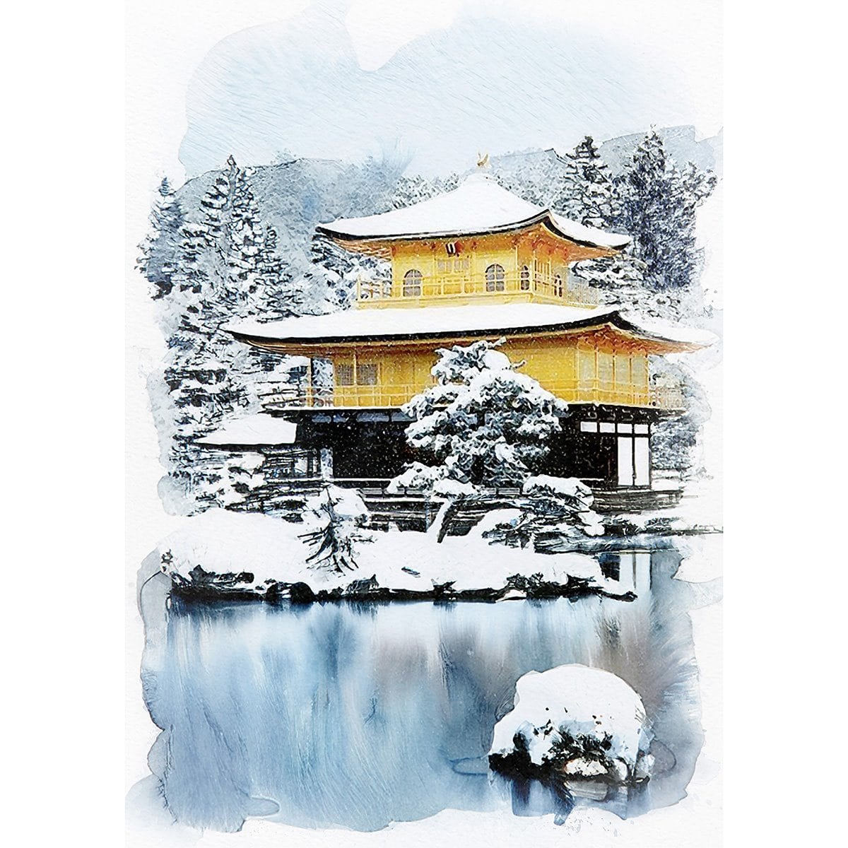 絵画(風景画) 日本 冬 雪が積もる金閣寺 インテリアアート額付き 