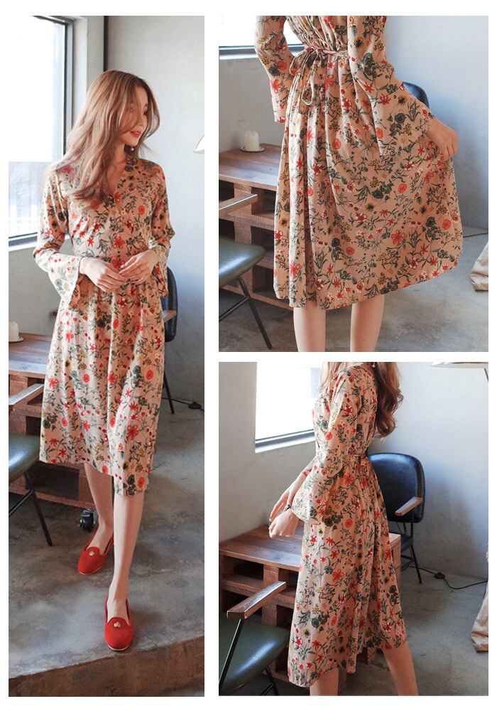 春夏 カシュクーフレア花柄ワンピース デート着 代 30代 結婚式二次会 フレアワンピース レディース ワンピース 花柄ワンピース 春夏ワンピース ミディ丈 ひざ丈 ワンピース ミモレ丈 花柄 ワンピース オフィス ワンピース 大人 上品 カシュクール 送料無料 韓国