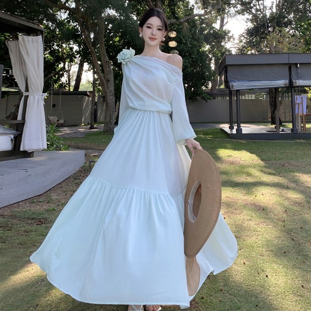 【SummerVacationシリーズ】ロングワンピース オフショルダー 大振裾 ランタンスリーブ S M L